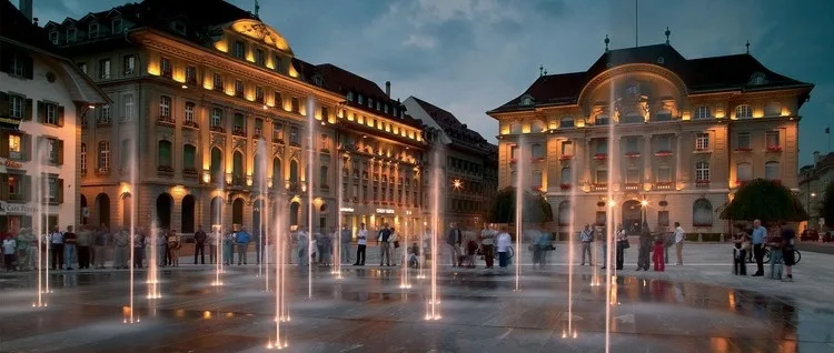 Fountains on the Bundesplatz in front of the federal parliament in Bern