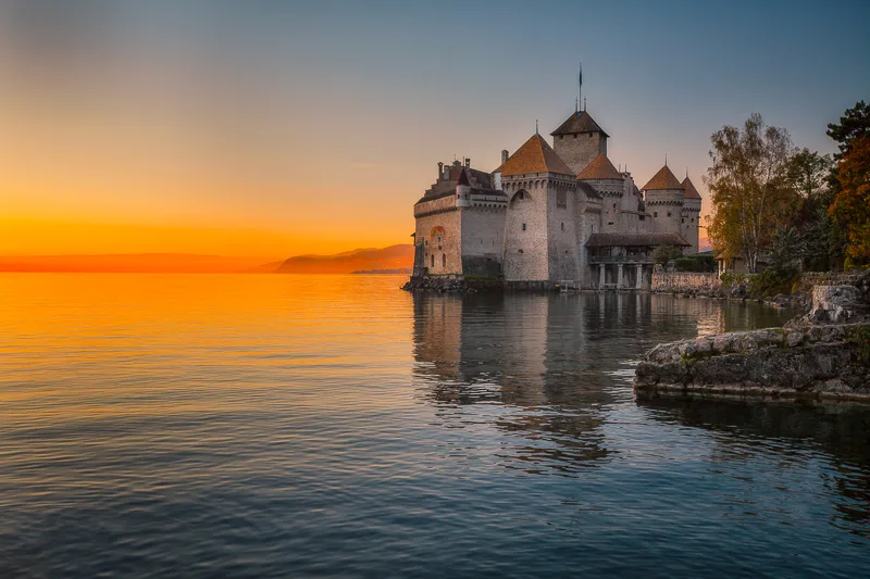 The Chateau de Chillon on Lake Geneva at sunset