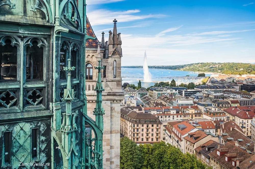 Geneva seen from the tower of Saint-Pierre cathedral, with the lake and the Jet d'Eau