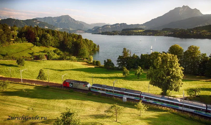 A train running beside a lake below Pilatus