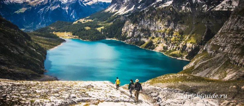 The Oeschinensee seen from the path above it