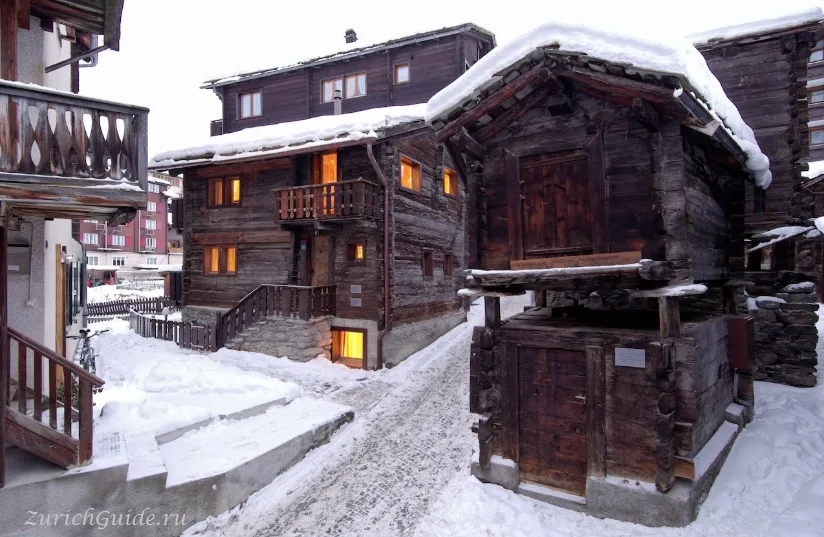 Old timber granaries on stone stilts in Zermatt