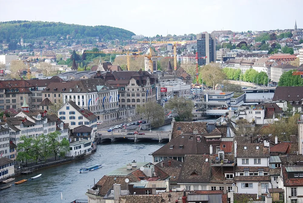 The view over the Limmat and the old town of Zurich from the tower of the Grossmunster