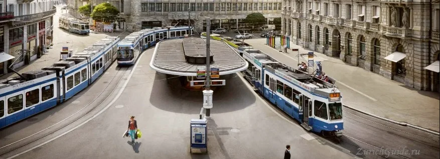 Trams converging at Paradeplatz in Zurich