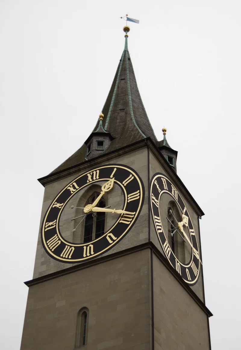 The clock face on the tower of St. Peter church in Zurich